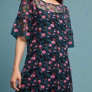 Anthropologie Moulinette Soeurs Dark Mesh Dress with Pink and Red Embroidery